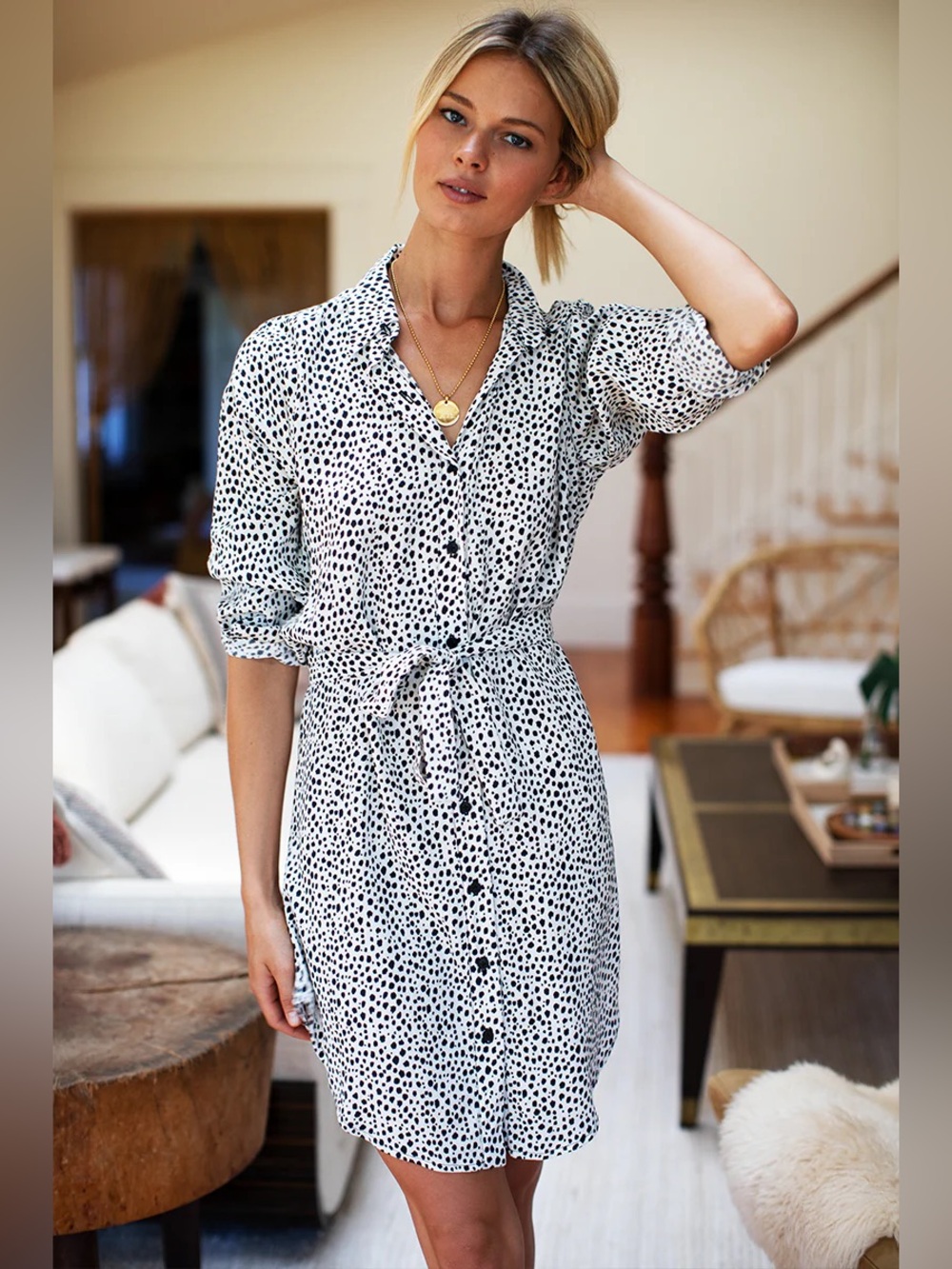 Emerson Fry Cheetah Shirt-Dress Black and White Tie-Waist Long Sleeve Dress